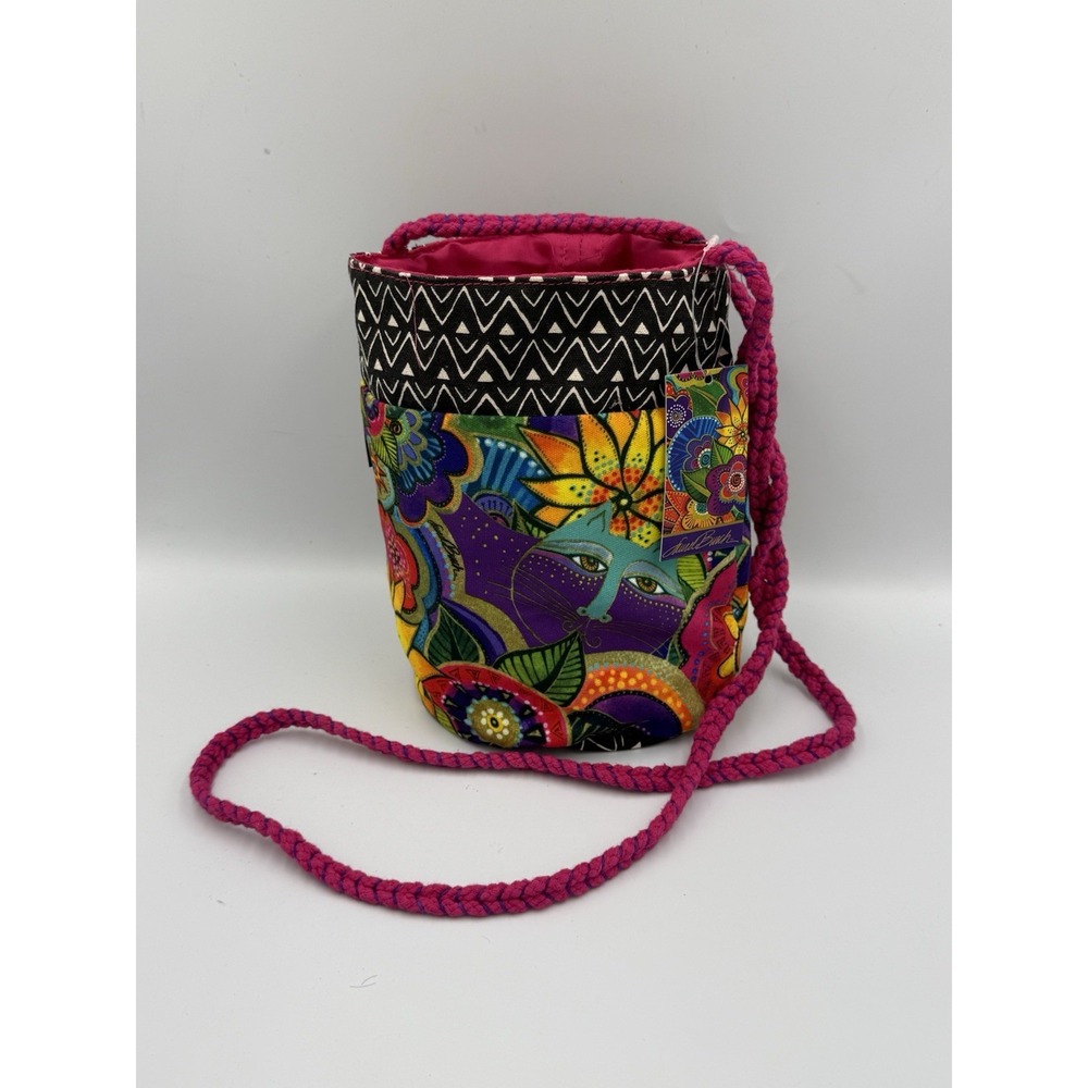 Laurel Birch Drawstring Bucket Crossbody Bag Canvas Cat Floral Abstract Boho NWT
